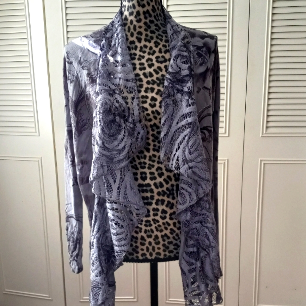 B.L.E.U. open cardigan with lace frilly front size Large.